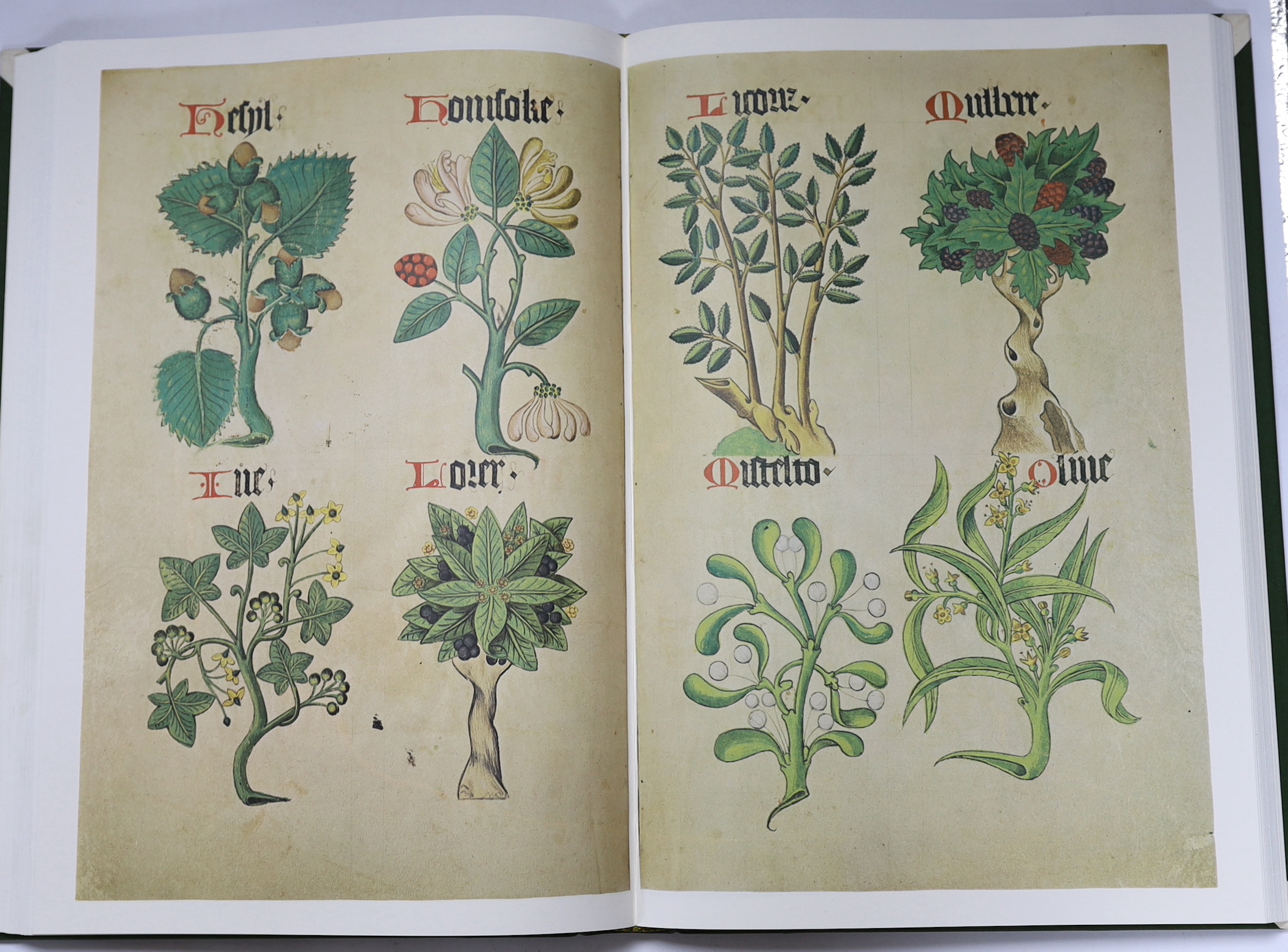 Barker, Nicolas (editor). Two East Anglian Picture Books: a facsimile of the Helmingham Herbal and Bestiary and Bodleian MS. Ashmole 1504. 135pp. of coloured facsimiles, 16 photo plates, 2 diagrammatic plates, a map and